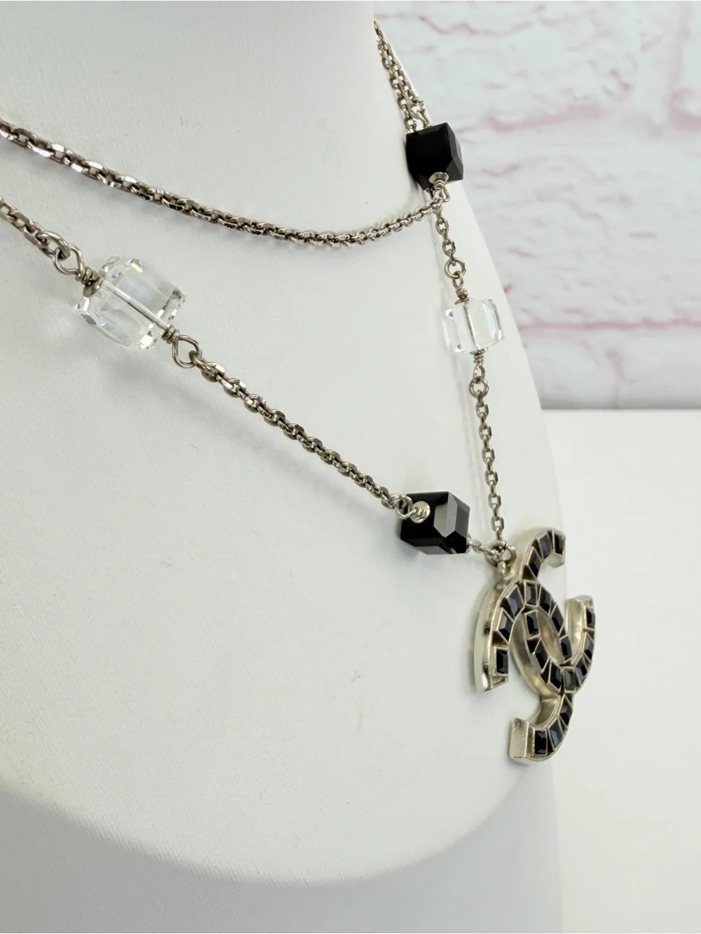 Chanel Layered Long Necklace in Silver-Tone Metal and Crystal Beads